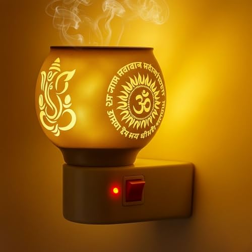 Image of COHAL Glass Kapoor Dani Electric Camphor Diffuser with Ganesh Ji Om Design | Aroma Dhoop & Incense Burner | Electrical Night Lamp for Home, Office & Pooja Room
