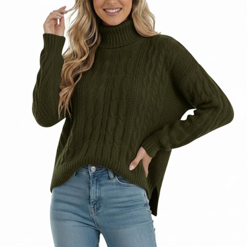 Grewear Women Turtleneck Cable Knit Sweater Pullover Long Sleeve Soft