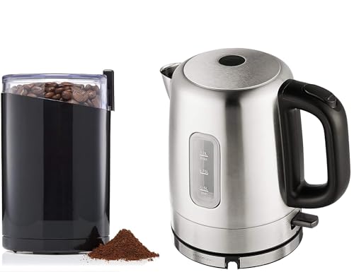 Happy Family Set ❤ Stainless Steel Electric Kettle and Electric Coffee Grinder, Spice Grinder, Stainless Steel Blades, 3 Ounce, Black