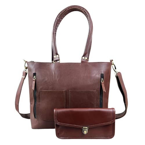 Madosh Womens Tote Handbag Genuine Leather Shoulder Purse Satchel Crossbody Ladies Brown Bag