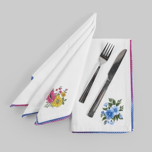 Image of FINGERCRAFT Cloth Napkins Set of 12 Cotton Linen Blend Fabric with Classic Lace 20x20 Inch Dinner Napkin Durable and Good Absorbency for Home, Hotels, Parties (Multi Floral)
