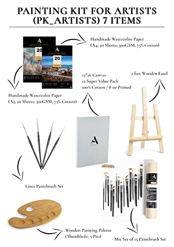Image of 60-Piece Professional Painting Kit: 2-Foot Wooden Easel, A3 Canvas, 40 Watercolor Sheets (300 GSM), Palette, 19 Paintbrushes + 4 Liner Brushes