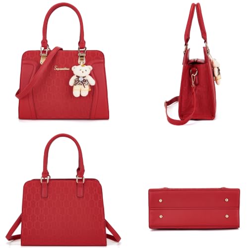 Image of Women's Fashion Handbag Tote Bag Shoulder Top Handle Satchel Purse Set 4pcs | Stylish Style,Chain Texture Design,Ample Space,Bear Doll Decoration,with a Crossbody Strap