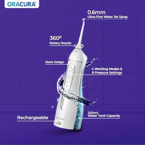 Image of ORACURA Smart PLUS Water Flosser OC200 LITE White with 2 Nozzle tips | Portable & Rechargeable | Custom 8 Water Pressure Settings | 200ml Water Tank Capacity | IPX7 Waterproof | 365 Days Warranty