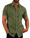 Pengfei Mens Short Sleeve Shirts Linen Cotton Button Down Tees Spread Collar Plain Shirts A-army Green X-Large