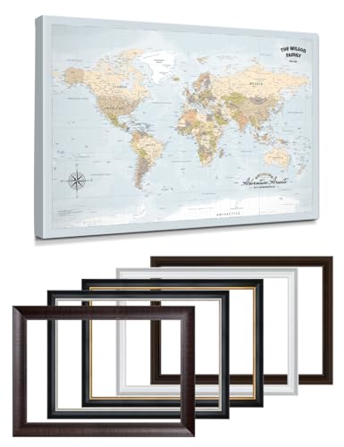 Image of IPIC - Custom Framed world map wall art, Push Pin Map Decor to Mark Travels, Personalized Artwork with Names and Message on, Oversize World Travel Map Print for Home, Office, Study, and RV