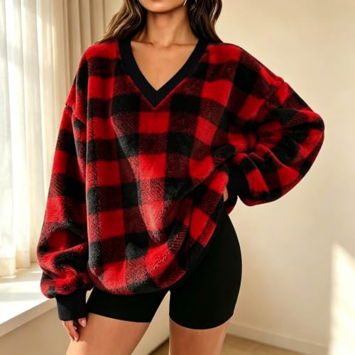 Red Sweatshirt for Women Flannel Plaid V Neck Oversized Pullover Tops - image 3