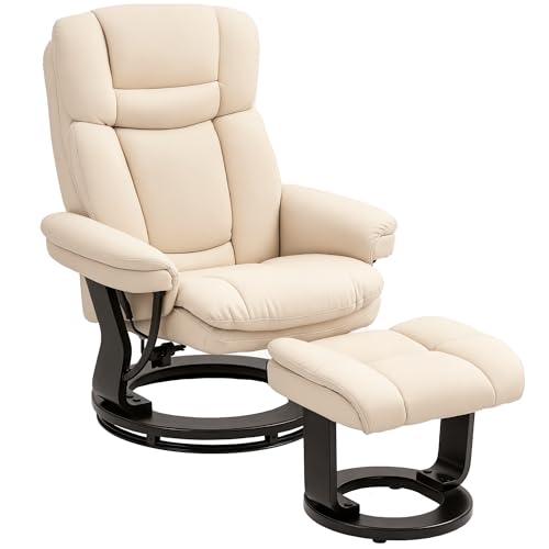 HOMCOM Relaxsessel mit Hocker, 360°drehbarer Fernsehsessel mit Liegefunktion, TV-Sessel mit Taschenfeder für Wohnzimmer, Kunstleder, Cremeweiß