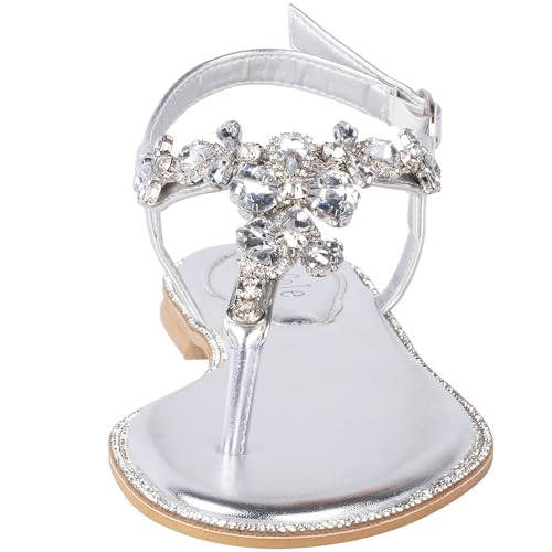 SheSole Women's Sparkly Rhinestone T-Strap Silver Flat Sandals Dressy Thong Beach Wedding Shoes3