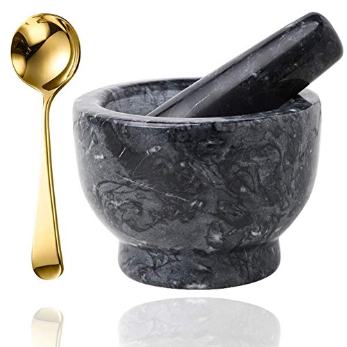 Mortier et pilon avec chocs en marbre avec cuillère en granit ail et épices, mortier à herbes avec pilon, moulin à poivre, mortier concasseur à pilule, mortier à épices et bol à pilon