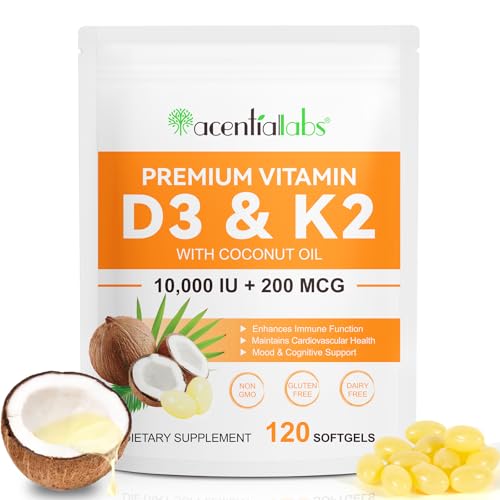 Premium Vitamin D3 & Vitamin K2 (MK-7) 120 Virgin Coconut Oil Softgels 2 in 1 Vitamin D3 K2 Supplement Support Immune Bones & Muscle Health Easy to Swallow and Absorb | Gluten Free