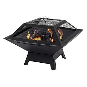 Parkland Square Fire Pit with BBQ Grill Heater Outdoor Garden Black Barbeque Metal Brazier Patio Decor Firepit Stove Portable Heat Mesh Cover for Camping or Picnics