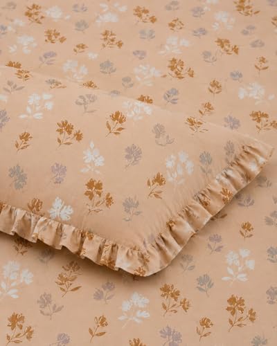 Image of 350 TC Premium Heavy Cotton Feel Elastic Fitted Bedsheet King Size with 2 Frill Pillow Covers King Size || Double Bed with All Around Elastic (Honey Blossom, Queen)