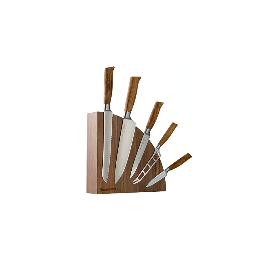 Messermeister Oliva Elite 6-Piece Magnet Block Set - Includes Chef’s, Bread, Cheese & Tomato, Utility & Paring Knife + Magnet Block