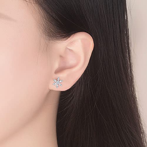 Christmas Gifts 6 Cz Earrings For Women | Snowflake Round Cubic Zirconia Earrings Cz Studs | Hypoallergenic Piercing Cartilage Jewelry Christmas Birthday Gifts For Ladies Girls Silver Color #TOP4