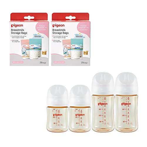 Image of Pigeon PPSU Nursing Baby Bottle Wide Neck(Pack of 4), 5.4Oz and 8.1Oz, with Disposable Breast Milk Storage Bag(50 Pcs, 4Oz), Essential Products for Breastfeeding Mothers