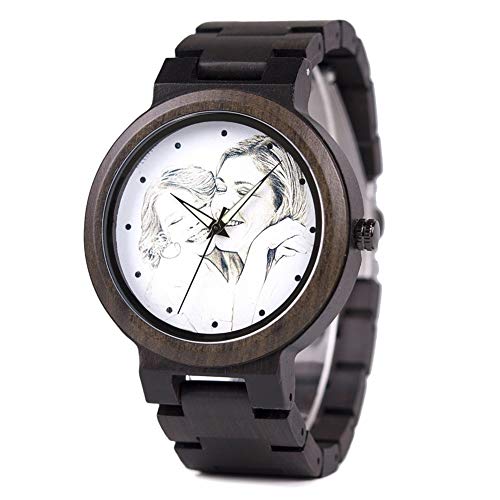 Customized Personalized Wooden Watches for Men with Photo/Picture Engraved Mens Analog Wood Watch Luminous Hands and Adjustable Wood Strap Wristwatches for Husband Dad Son or Boyfriend