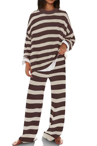 Image of SENSERISE Womens Striped Set Sweater Lounge Sets | Pajamas Set, Loungewear Set, Oversized Knit Sweater, Wide Leg Pants with Pockets, Fall Outfits, Pants Set