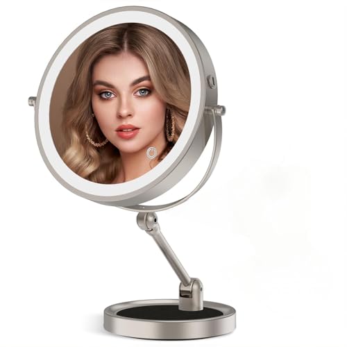 Rocollos Tabletop Makeup Mirror with Built-in Vanity Tray, 9" Rechargeable 4000mAh Lighted Vanity Mirror 1X/10X Magnification, Height-Adjustable Arm, 3 Color Dimmable (9Inch Nickel)