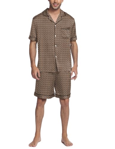 Image of Ekouaer Mens Satin Pajamas Set Button-Down Short Sleeve Shirt Top Soft Silk Sleepwear Shorts with Pockets
