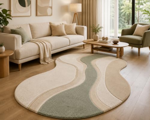 Hand Tufted Wave Rug, 7' x 10' Ft Sage Green, Abstract Organic Irregular Shape New Zealand Wool Area Rug, Modern Plush Contemporary Carpet for Living Room, Bedroom, Nursery & Office