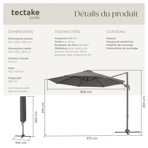 Parasol déporté alu Ø300 UV50+ inclinable, TecTake