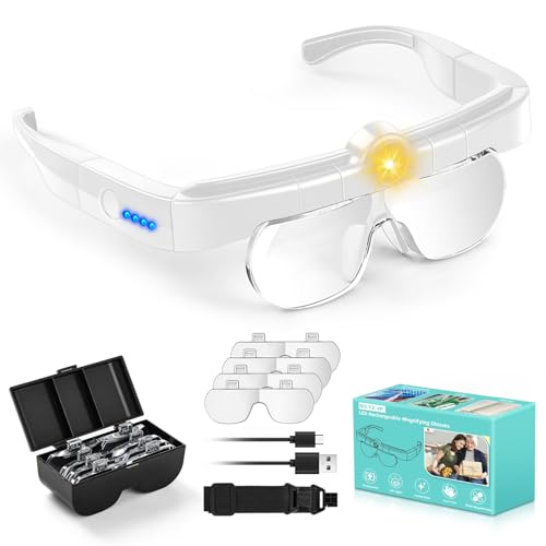 Magnifying Glass with Lights, Headband Hands Free Magnifying Glasses for Close Work, Flip-up Magnifier with 3 Color Temperature, 1.5X to 5.0X Lenses for Jewelry Crafts Soldering Repair (White)