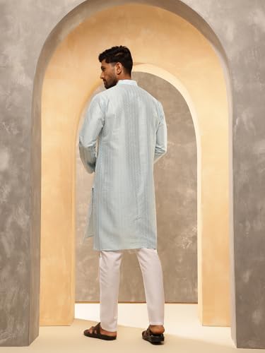 Image of SOJANYA (Since 1958 Men's Silk Blend Long Kurta with Subtle White Detailing | Traditional Ethnic Wear for Navratri