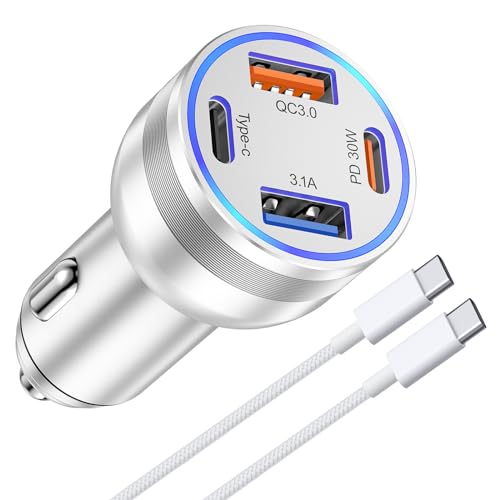 65W USB-C Car Charger,4-Port Type-C Car Adapter, PD 30W&QC 3.0 iPhone Car Charger Cigarette Lighter, Fast Charging Car Charger USB C with 6.6ft 60W USB C Cable for iPhone 15 Pro Max Plus,Samsung,iPad