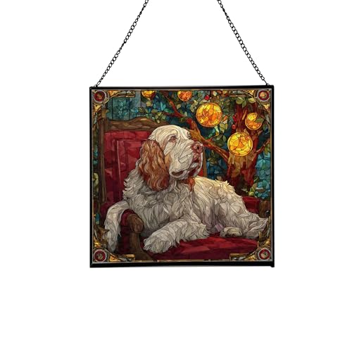 Clumber Spaniel Christmas Stained Glass Suncatcher – Square Hanging Holiday Window Panel with Cozy Fireplace Scene – Winter Glass Art Decoration Gift for Animal Lovers, Pet Owners g97PBg