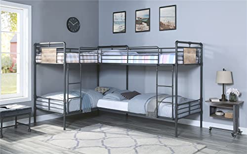 Marco de cama moderno de metal roble antiguo, negro arena y bronce oscuro, acabado cepillado a mano para el hogar y el dormitorio (litera gemelo/en forma de L) (litera