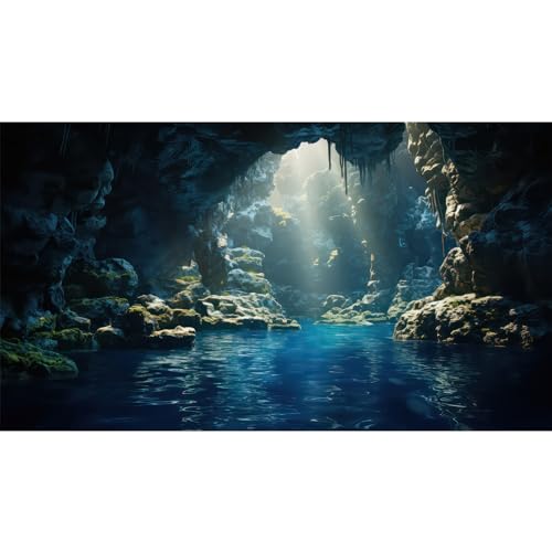 Image of Aquarium Background Underwater Cave with Blue Water and Sunbeams Terrarium Backdrop Fantasy Rocks Moss Sun Rays Fish Tank Background Cave Landscape Tank Wallpaper Poster Vinyl 36x20in