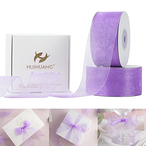 Huihuang 2 Rolls Shimmer Sheer Organza Ribbon 1-1/2 Inch Purple Chiffon Fabric Ribbon For Wedding Gift Wrapping Floral Bouquet Baby Shower All Types Of Crafts - 50 Yards Each Roll #TOP22