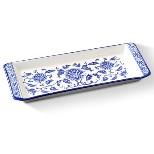 11 Blue and White Porcelain Serving Tray, Blue and White Decor Elegant Coffee Table Tray, Handcrafted Coffee Table Tea Tray Decor, Ceramic Small Tray for Kitchen Sandwich Snack Appetizer Dessert
