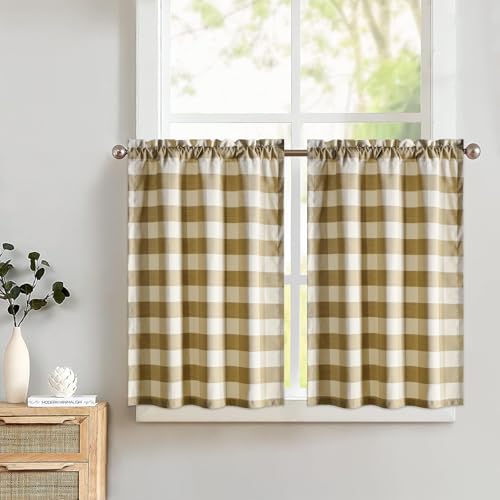 VOGOL 30 Inch Length Tier Curtains, Beige and White Plaid Pattern Printed, Kitchen Cafe Short Tiers for Small Window Treatments, Rod Pocket, Set of 2 Panels