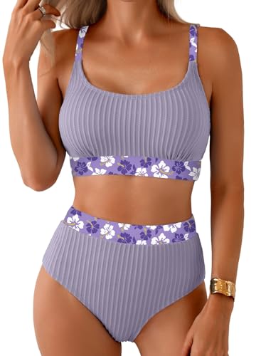 Image of Herseas Women's Textured Bikini Sets Floral Print Trim Scoop Neck Swimsuits High Waisted Bathing Suits