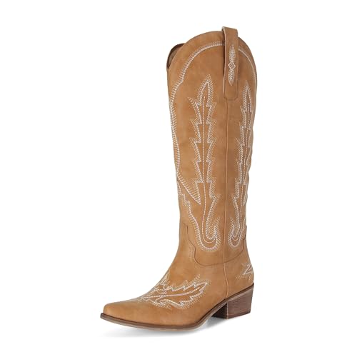 Image of STALOV Cowboy Boots for Women Pull On Chunky Heel Boots Knee High Cowgirl Boots Western Pointed Toe Boots Embroidered Suede Boots