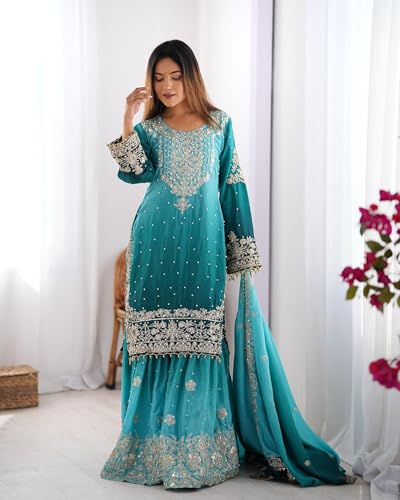 Image of Pandadi Saree Women's Chinon Silk Embroidery Kurta Sharara Set With Dupatta.