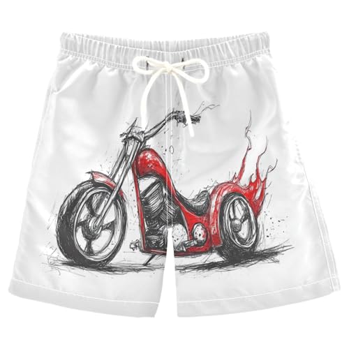 Boys Beach Board Shorts Fire Motorcycle White Swim Trunk Teen Swimwear 8-16Y