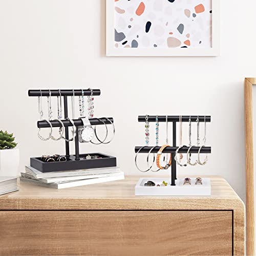 Szqinji Bracelet Holder Organizer Jewelry Display Stand, Solid Wood Base With 2 Tier Metal T-Bar For Bracelet Wristband Bangle Watch Necklace Hanging, White #TOP7