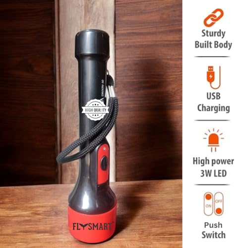 Image of Flysmart Dhoom 3W USB Rechargeable Handy Torch | Ultra Bright LED Light | Long Distance Beam Range | 2 Mode Flashlight | for Outdoor, Indoor, Hiking, Camping, Farming, Security uses | Multicolour