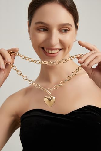 Large Chunky Gold Necklace with Heart Pendant for Women, Paperclip Choker Chain Puffy Heart Pendant Toggle Clasp Necklaces Thick Chain Jewelry Birthday3