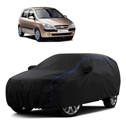Image of Sulfar 100% Water Resistant Car Body Cover Compatible with Mirror for Hyundai Getz Prime (Triple Stitched, Full Bottom Elastic, Black Tafetta with Blue Piping)
