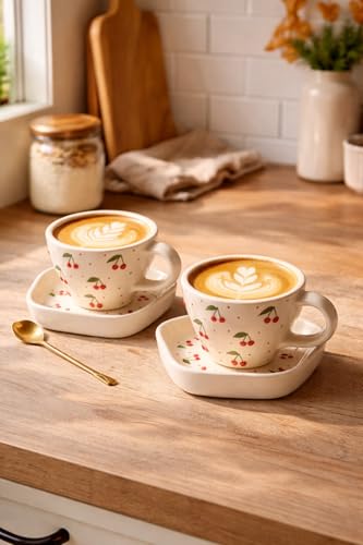 Image of OCEAN STORE Ceramic Cherry Print Tea Cup with Saucer 250 ml | Aesthetic Coffee Cup Set | Cute Printed Ceramic Mug | Glossy Finish Cup for Home, Office & Cafe (4)