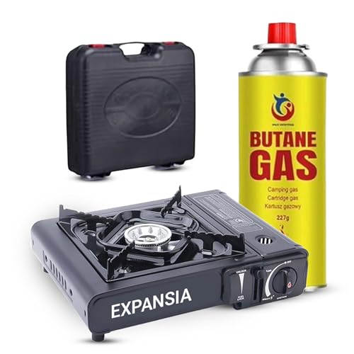 EXPANSIA Portable Gas Stove With Butane Gas, Compact Camping Stove Gas Portable with Carry Case, Lightweight Camping Cooker for Outdoor Trips, Durable Camping Gas Stove for Hiking & Fishing