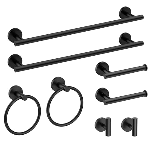 USHOWER 8PCS Matte Black Bathroom Hardware Set, 18-Inch Towel Bar Set