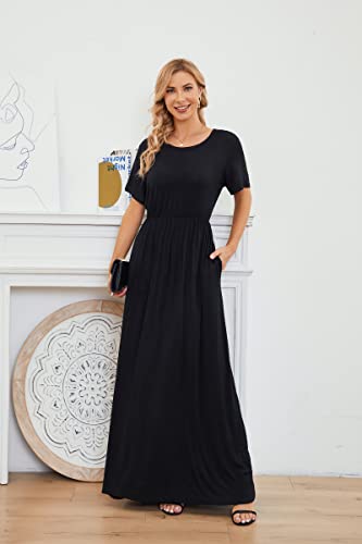 Image of AUOMITH Women's Summer Maxi Dress Short Sleeve Empire Waist with Pockets