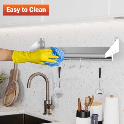 Image of Skyflame 12 inchx36 inch Stainless Steel Wall Mount Floating Shelving with 6 Hooks