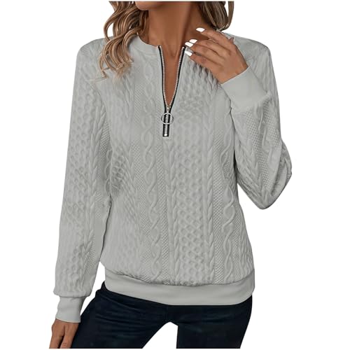 Fall Quarter Zip Pullover Sweaters for Women 2025 Fashion Long Sleeve Round Collared Fitted Ribbed Knit Tops Gray X-Large