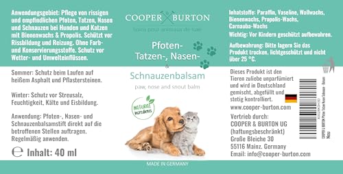 COOPER & BURTON Pfoten-, Nasen- & Schnauzenbalsam für Hunde & Katzen | Schutz vor Hitze, Kälte & Salz | Bienenwachs Propolis Carnaubau- u. Wollwachs | antibakteriell, sicher beim Ablecken | Made in DE